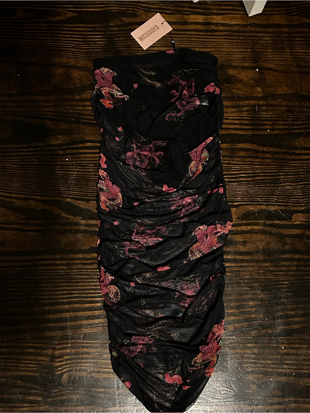 Missguided Black Strapless Ruched Dragon-Print Mini Dress